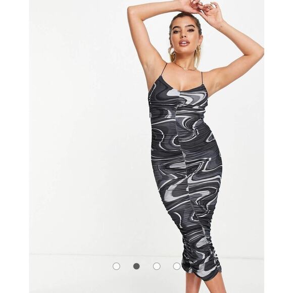 Asos Design cami strappy midi dress ruched details Black & Gray Marble Size 0 - Picture 2 of 12